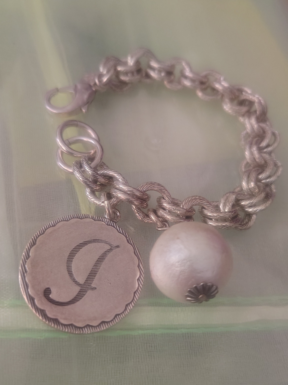 Monogram 'J' Silver-Tone Chain Bracelet with Pearl Charm